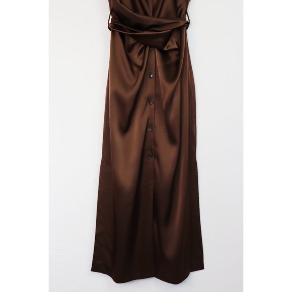 NWT Nanushka Dress Sayan Satin Spaghetti Strap Belted Wrap Tie Midi Slip Brown L - Picture 8 of 11